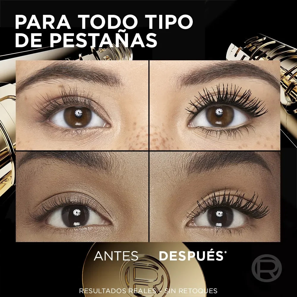 Comparación de pestañas antes y después de aplicar máscara para volumen extremo, Somos Lashy