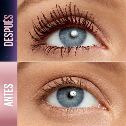 Comparativo de ojo mostrando pestañas naturales y con volumen extremo después de aplicar producto Somos Lashy