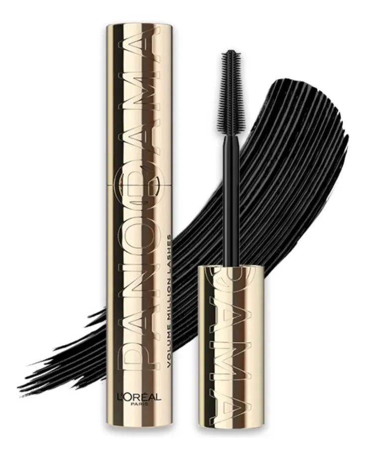 Rímel negro L'Oréal Panorama para pestañas largas con volumen, fondo blanco, Somos Lashy