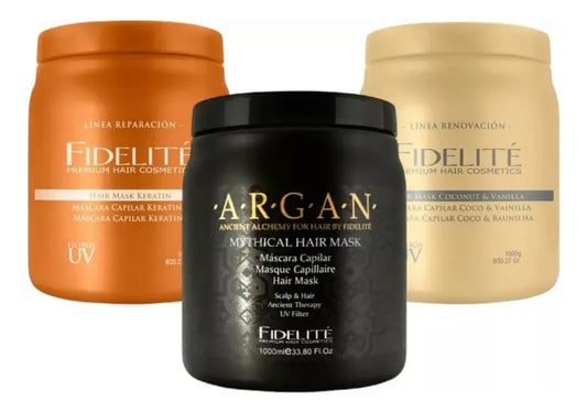Kit 3 Máscaras Fidelité 1kg C/u - Argán, Coco y Keratina - Nutrición y Reparación