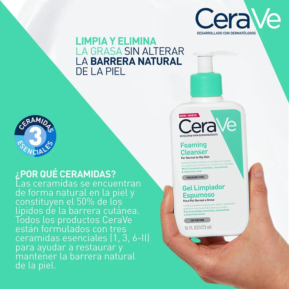 CeraVe Foaming Facial Cleanser - Gel Limpiador Espumoso para Piel Normal a Grasa 473ml
