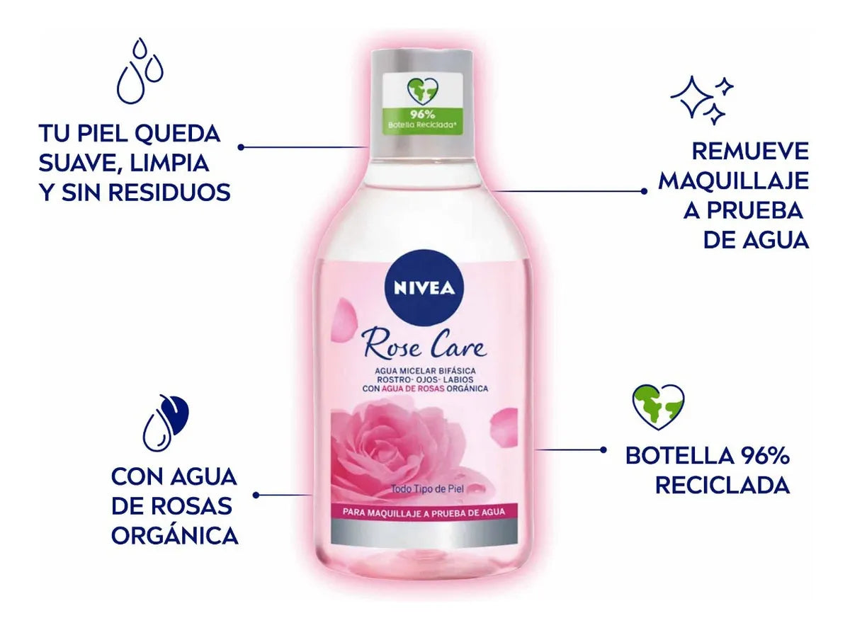 Agua Micelar Bifásica NIVEA Rose Care - Limpiador y Desmaquillante para Todo Tipo de Piel 400ml