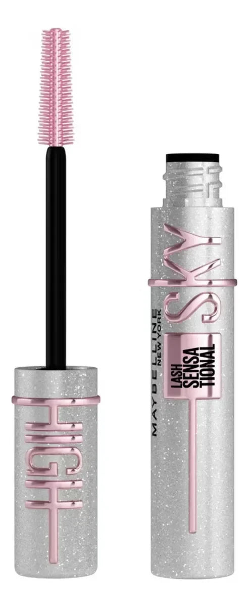 Máscara de pestañas Maybelline Lash Sensational Sky High, tono plateado y rosa, Somos Lashy
